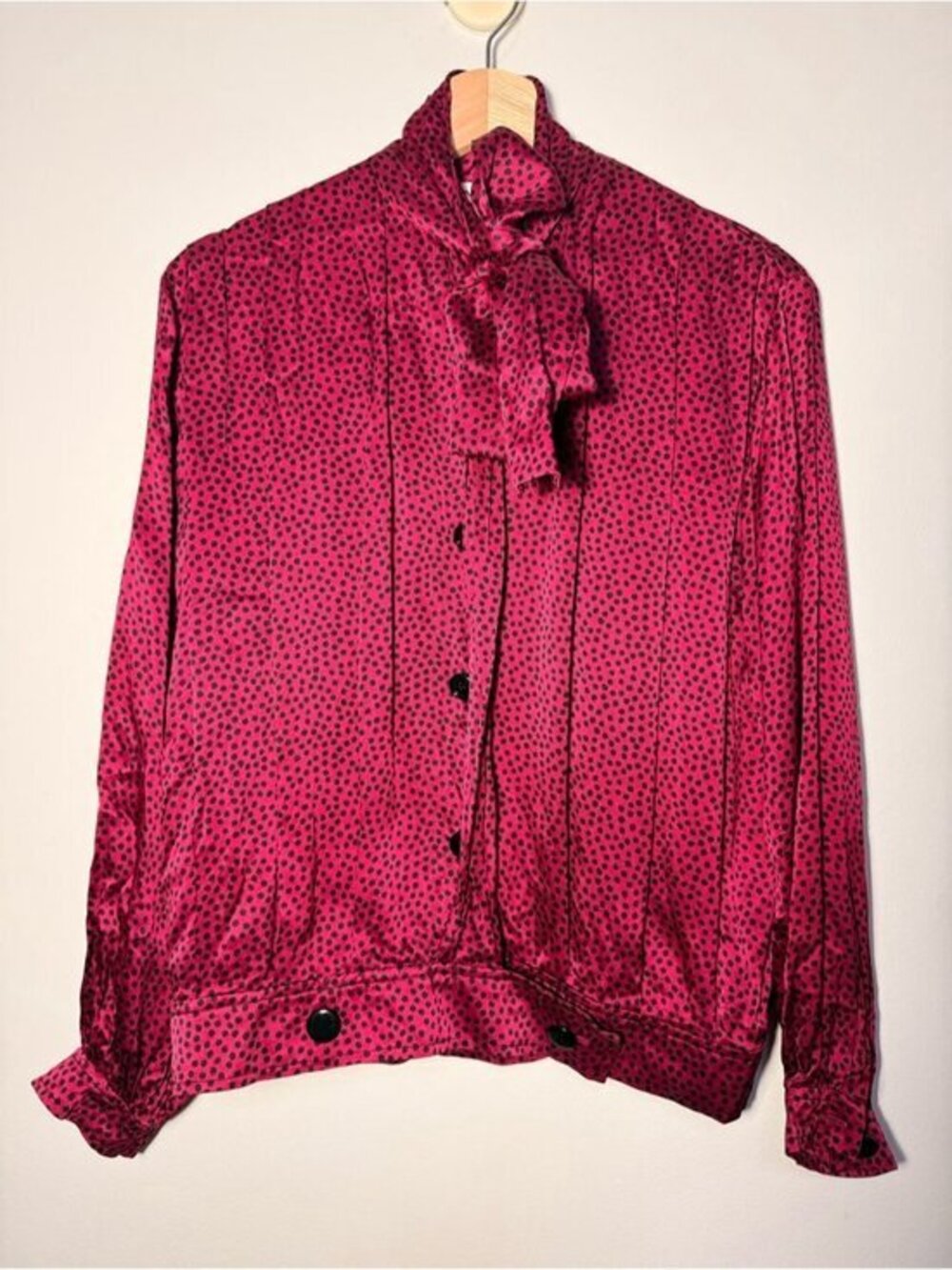Vintage Albert Nipon SilkFuchsia Polka Dot Tie-Neck Blouse size 6
